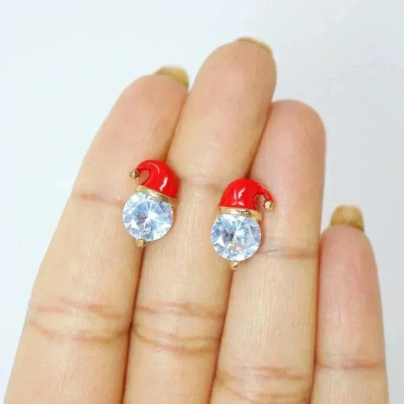 *NEW* 18K Gold Plated Stainless Steel Santa Hat Earrings w/ Cubic Zicornia - Picture 3 of 8